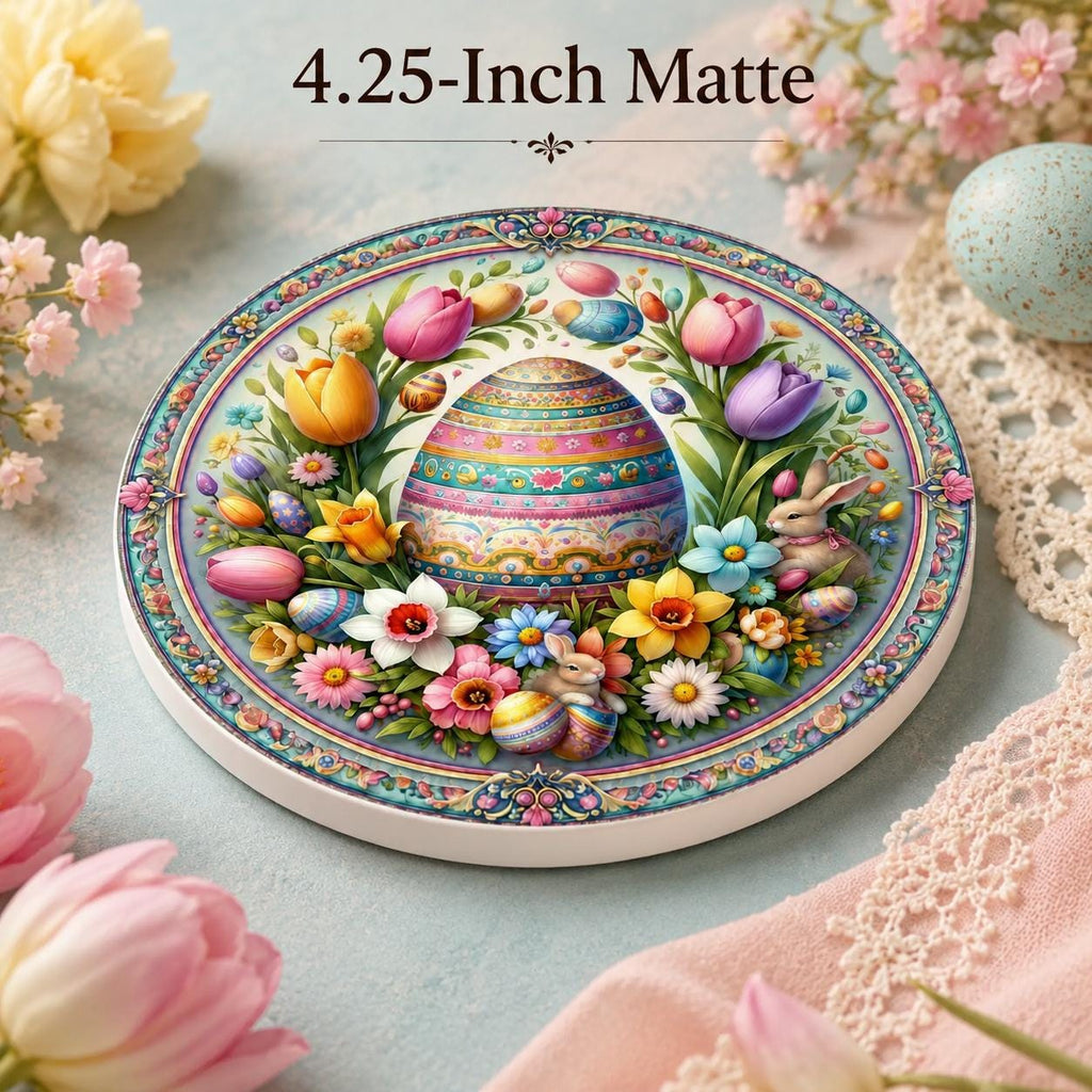 Easter Egg Ceramic Coaster, Spring Bunny Drink Mat, Floral Pastel Table Decor