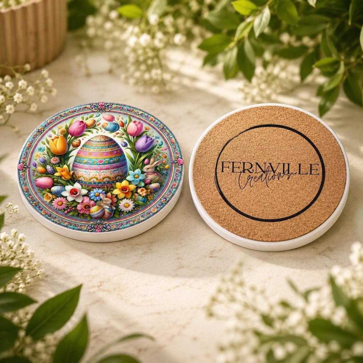 Easter Egg Ceramic Coaster, Spring Bunny Drink Mat, Floral Pastel Table Decor