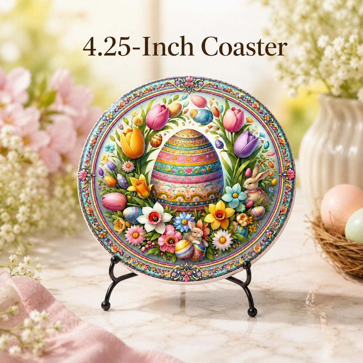Easter Egg Ceramic Coaster, Spring Bunny Drink Mat, Floral Pastel Table Decor