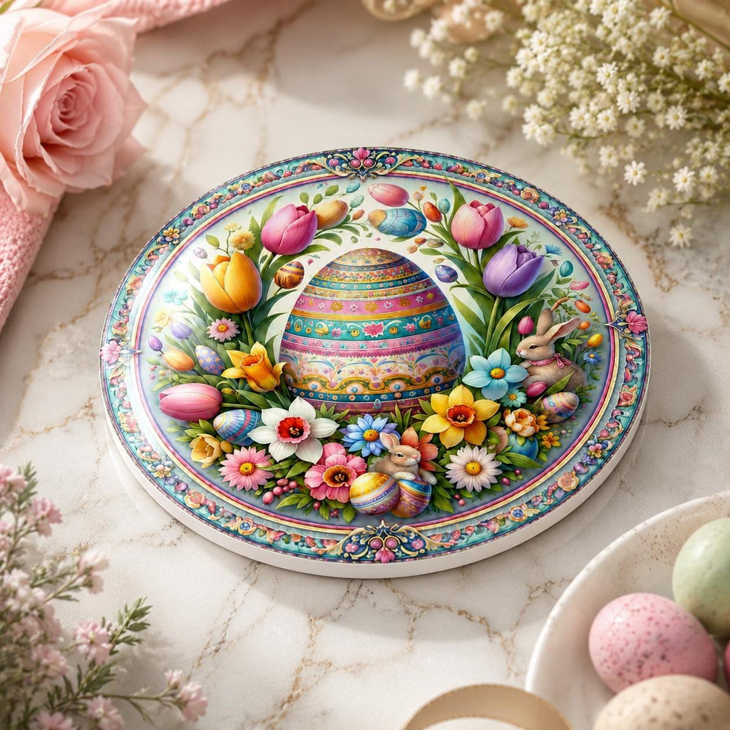 Easter Egg Ceramic Coaster, Spring Bunny Drink Mat, Floral Pastel Table Decor