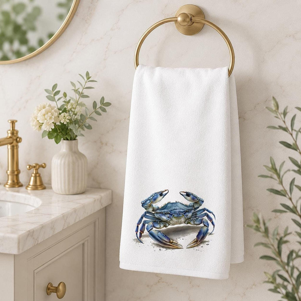 Coastal Hand Towel with Blue Crab Design, Nautical Bathroom Decor