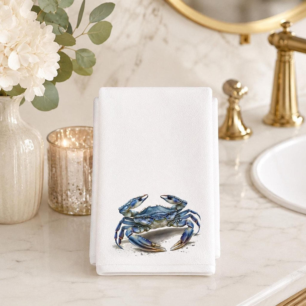Coastal Hand Towel with Blue Crab Design, Nautical Bathroom Decor