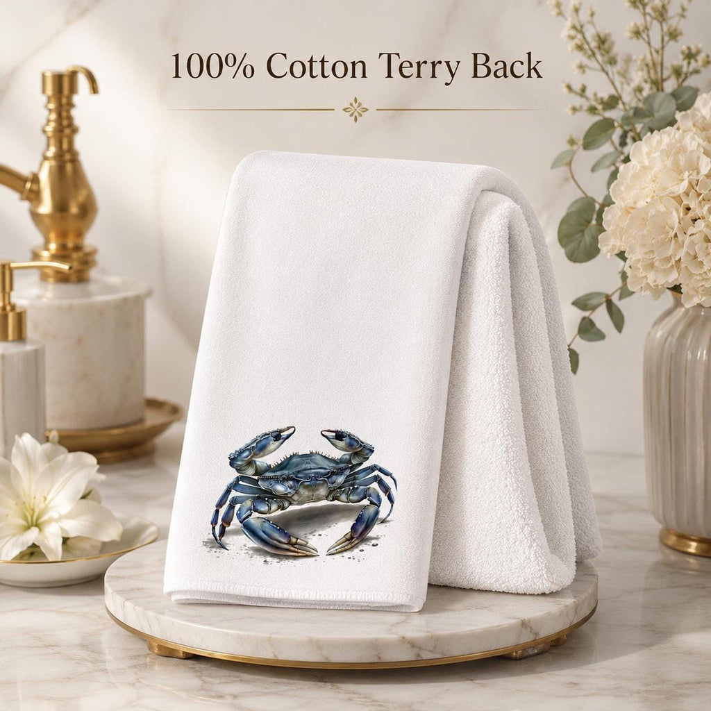 Coastal Hand Towel with Blue Crab Design, Nautical Bathroom Decor