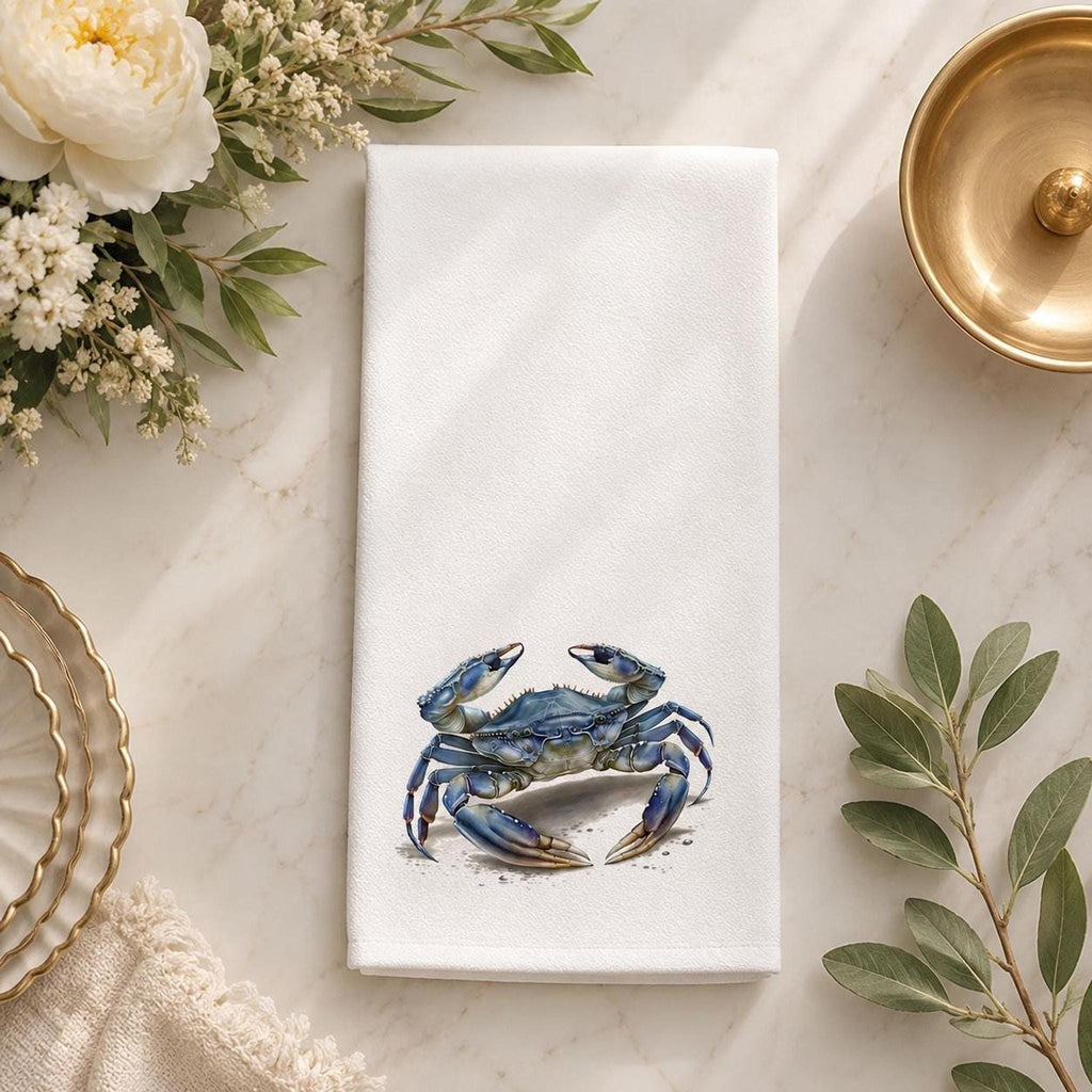 Coastal Hand Towel with Blue Crab Design, Nautical Bathroom Decor