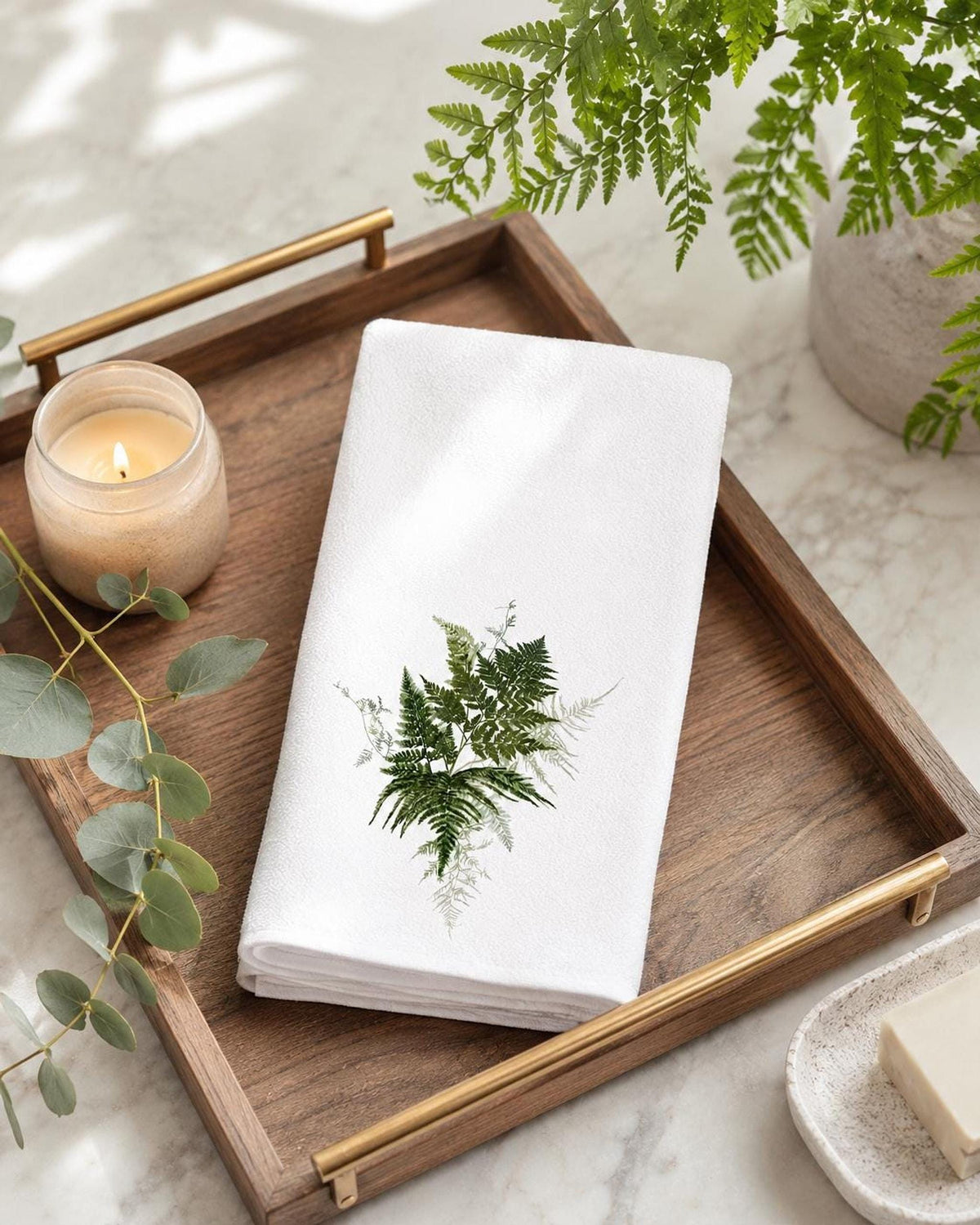 Fern Hand Towel, White Botanical Bath Decor with Greenery Design