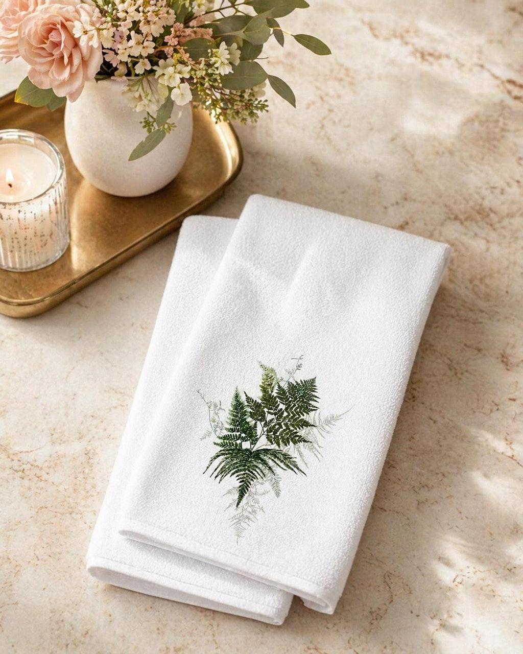 Fern Hand Towel, White Botanical Bath Decor with Greenery Design