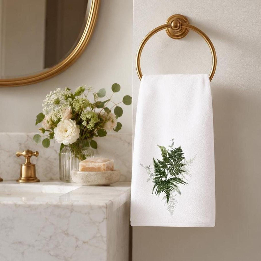 Fern Hand Towel, White Botanical Bath Decor with Greenery Design