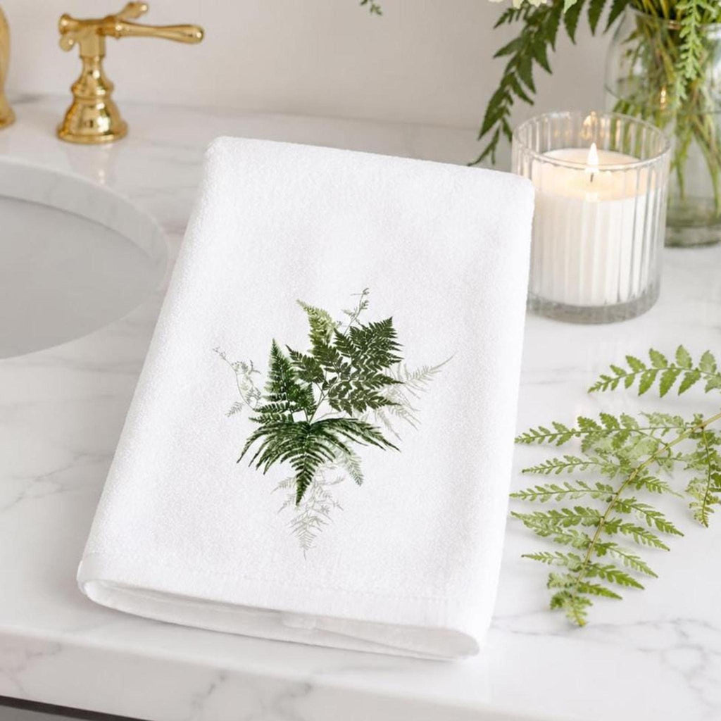 Fern Hand Towel, White Botanical Bath Decor with Greenery Design