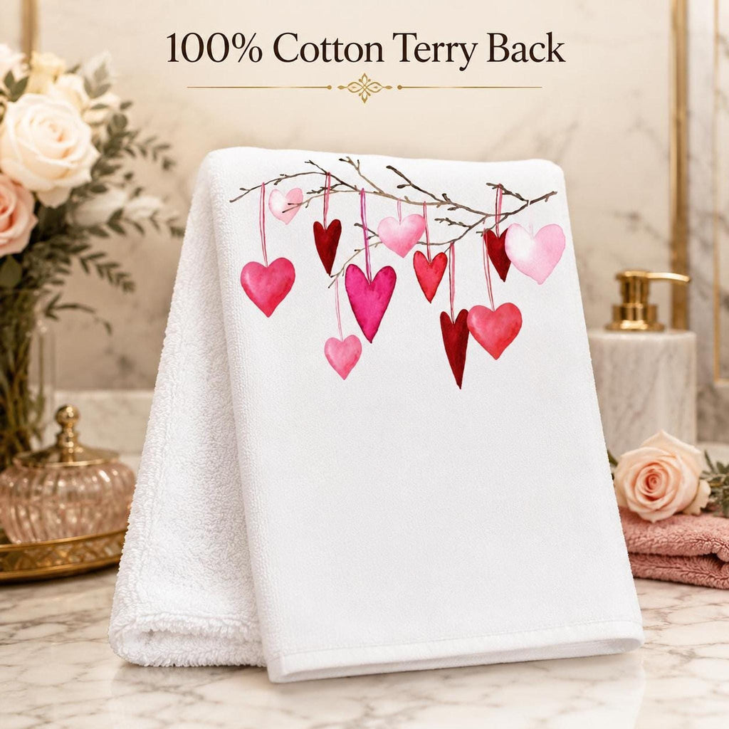 Valentine Towel with Heart Design, Romantic Fingertip Guest in Pink and Red