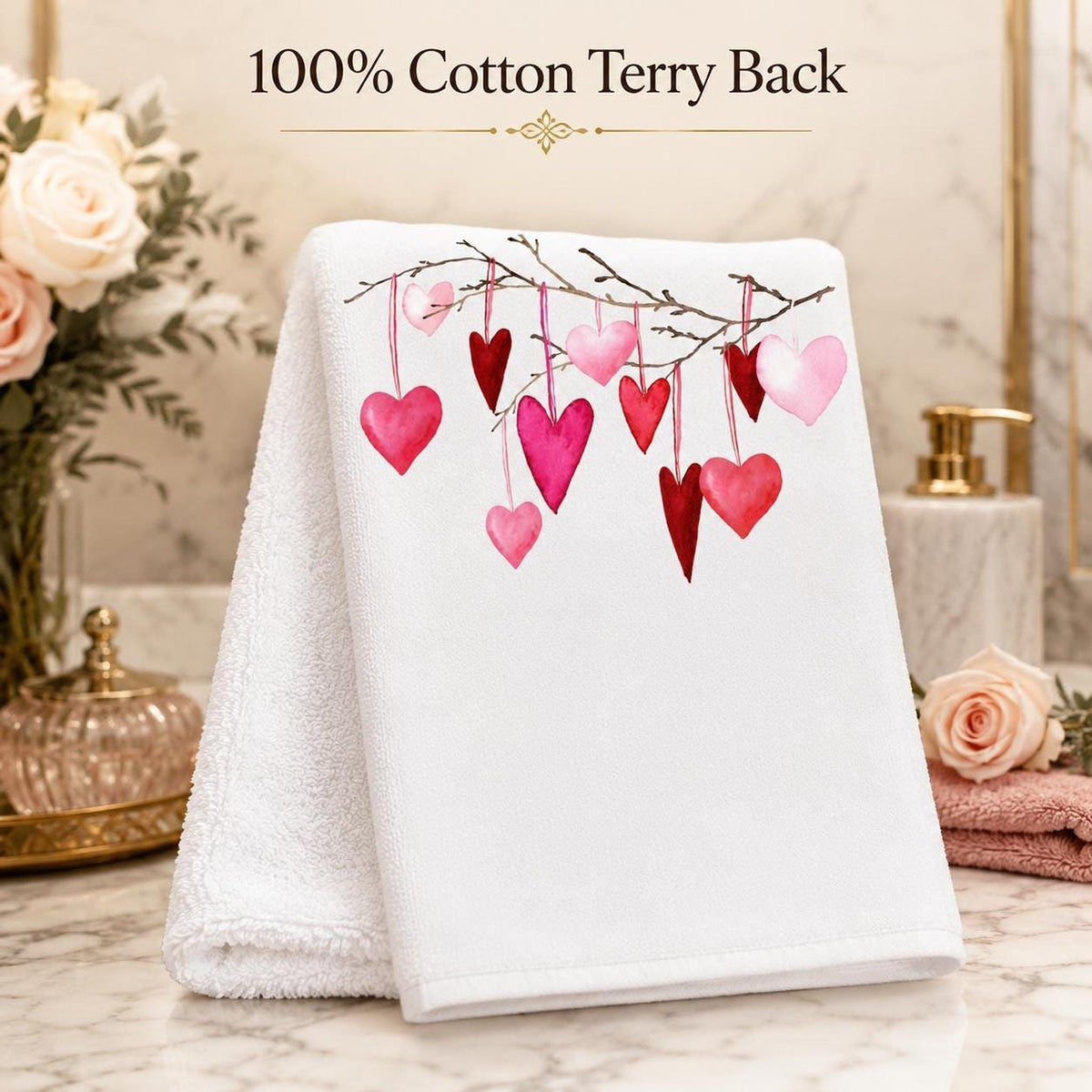 Valentine Towel with Heart Design, Romantic Fingertip Guest in Pink and Red