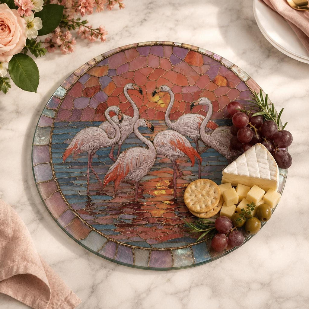 Flamingo Sunset Glass Cutting Board, Round Tempered Charcuterie Tray