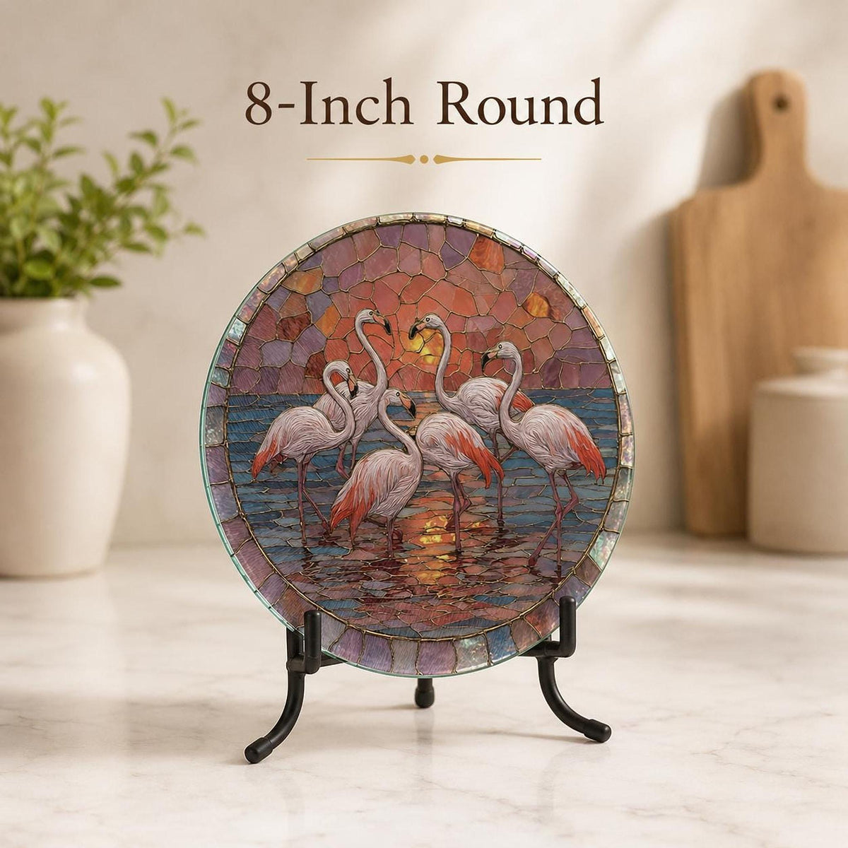 Flamingo Sunset Glass Cutting Board, Round Tempered Charcuterie Tray