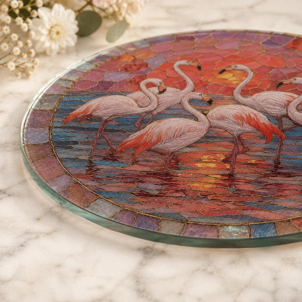 Flamingo Sunset Glass Cutting Board, Round Tempered Charcuterie Tray