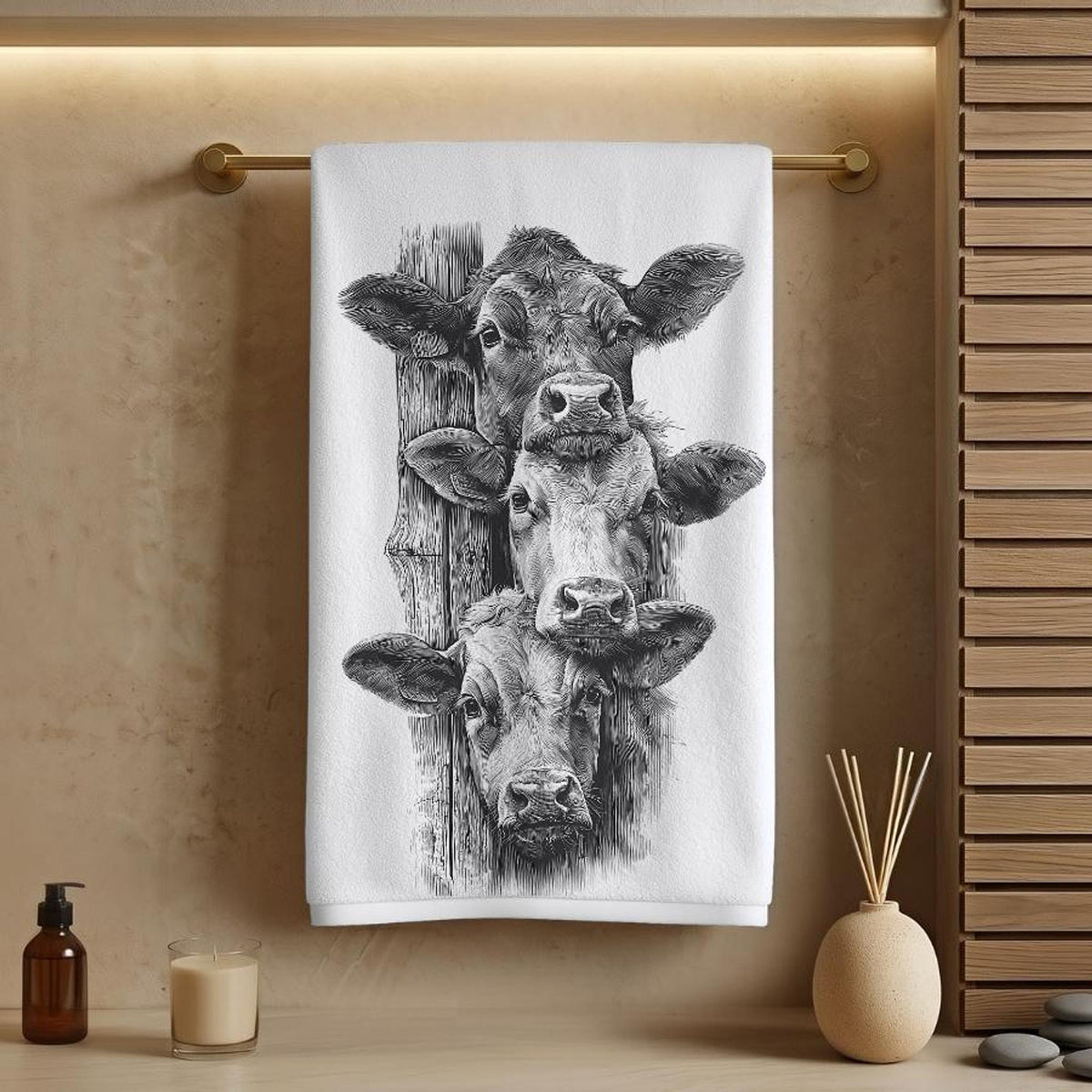 Cow Hand Towel, Rustic Farmhouse Decor with Black and White Cattle Illustration