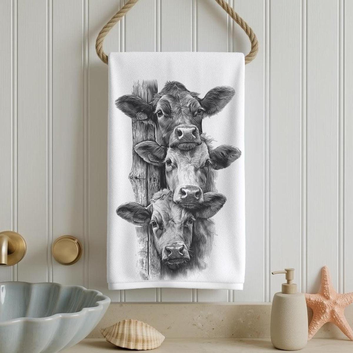 Cow Hand Towel, Rustic Farmhouse Decor with Black and White Cattle Illustration