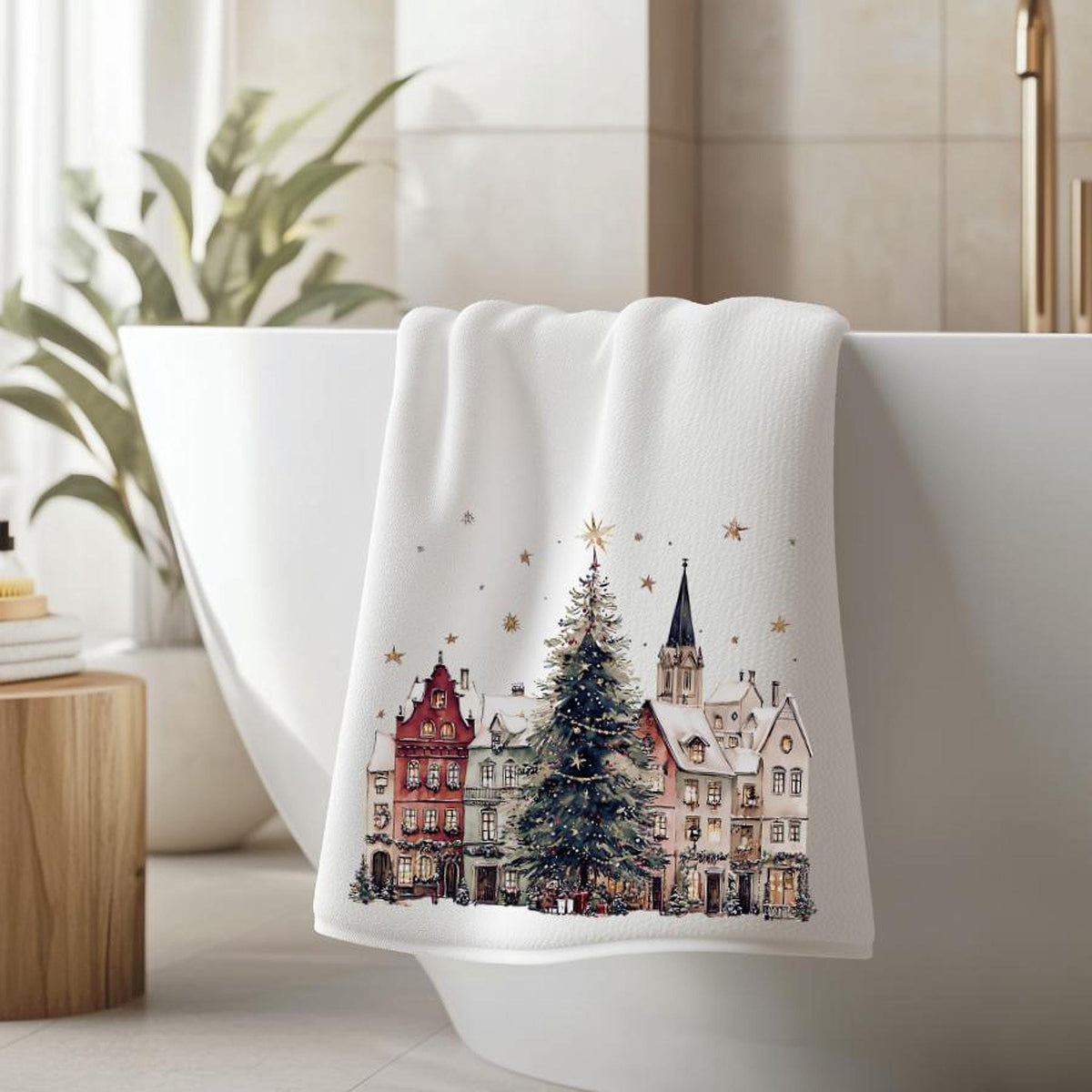 Christmas Bath Towel with Snowy Village Design, 24 x 42 Inches