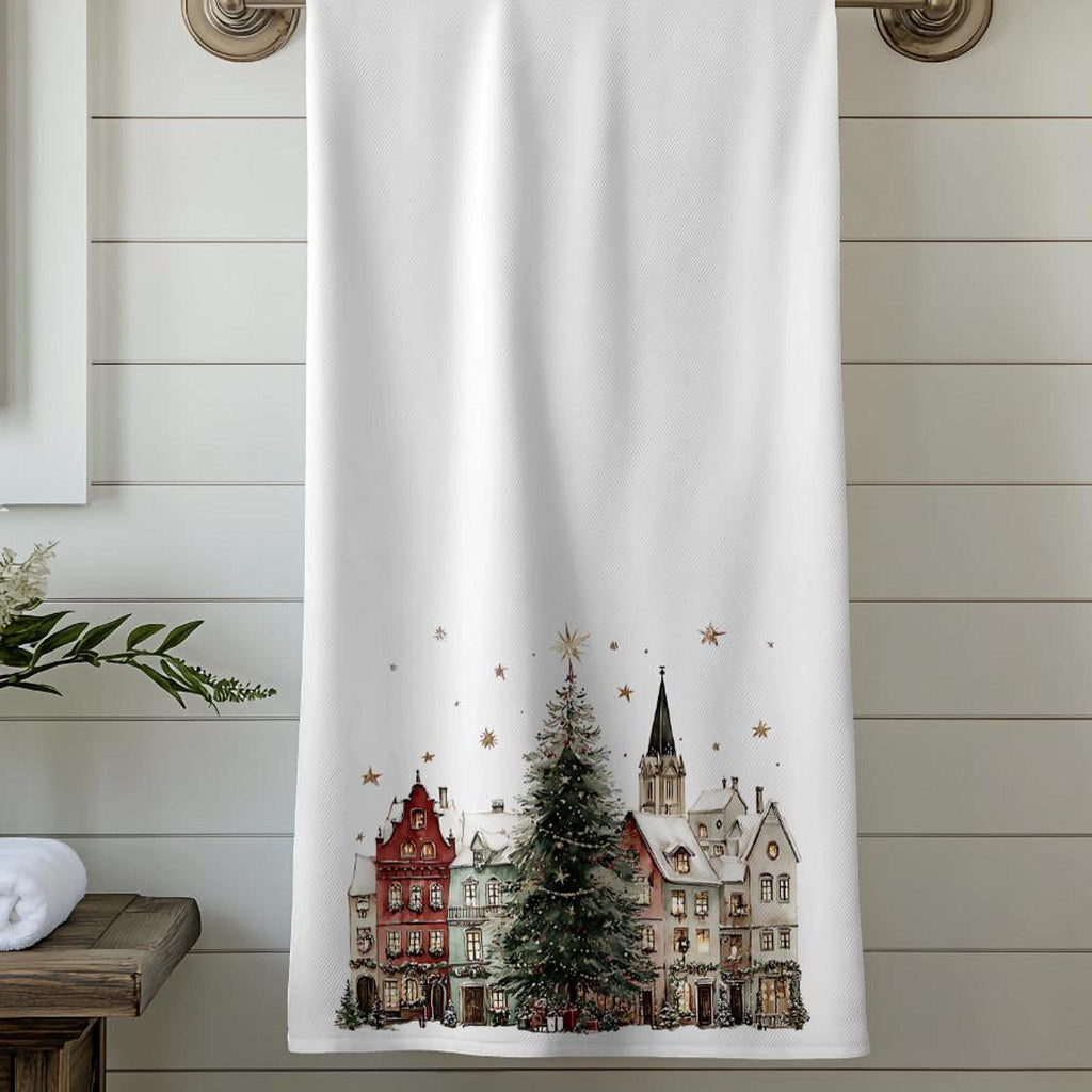 Christmas Bath Towel with Snowy Village Design, 24 x 42 Inches