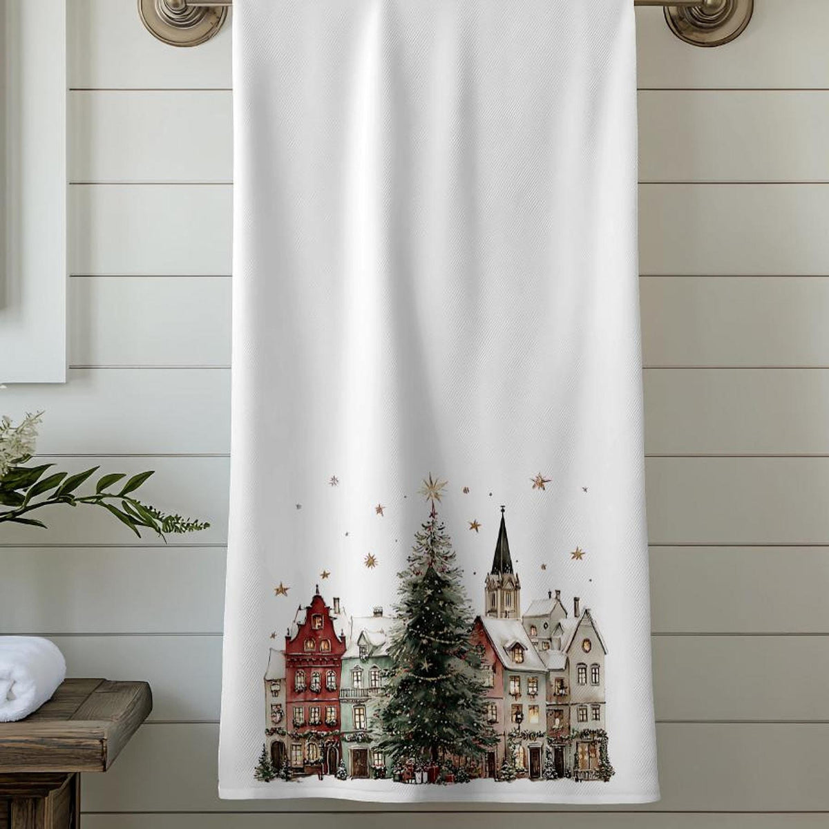 Christmas Bath Towel with Snowy Village Design, 24 x 42 Inches
