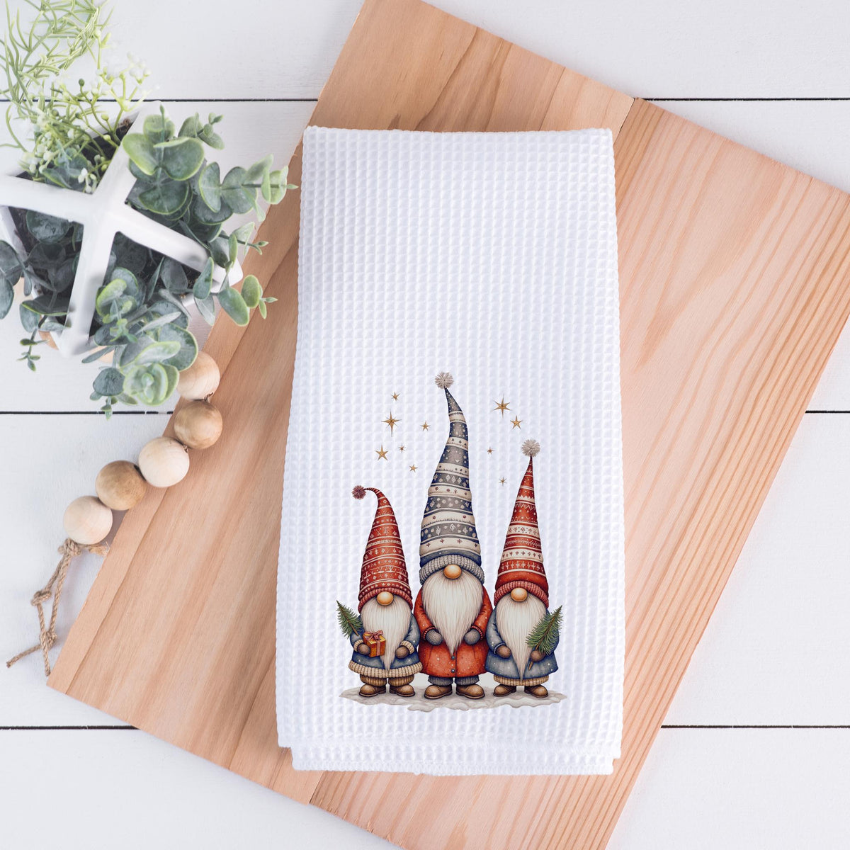 Gnome Holiday Towel, Festive Waffle Dish with Custom Wording