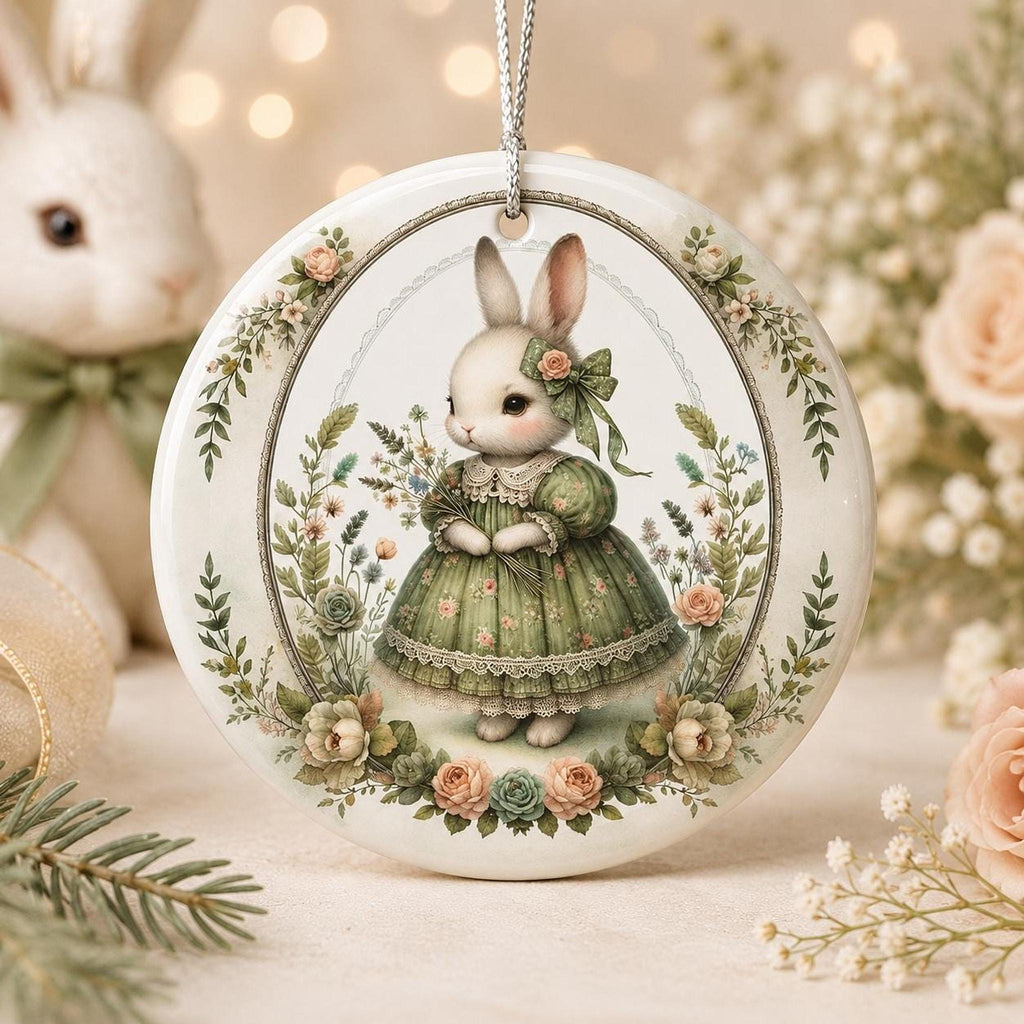 Rabbit Ornament, Vintage Bunny Ceramic Keepsake with Floral Design