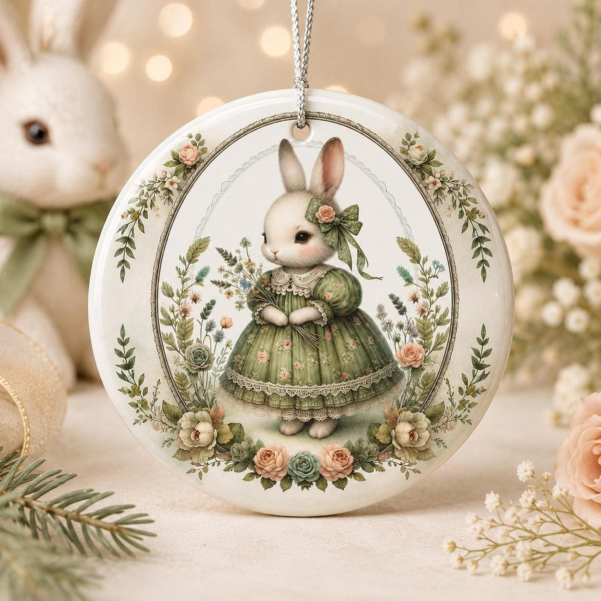 Rabbit Ornament, Vintage Bunny Ceramic Keepsake with Floral Design