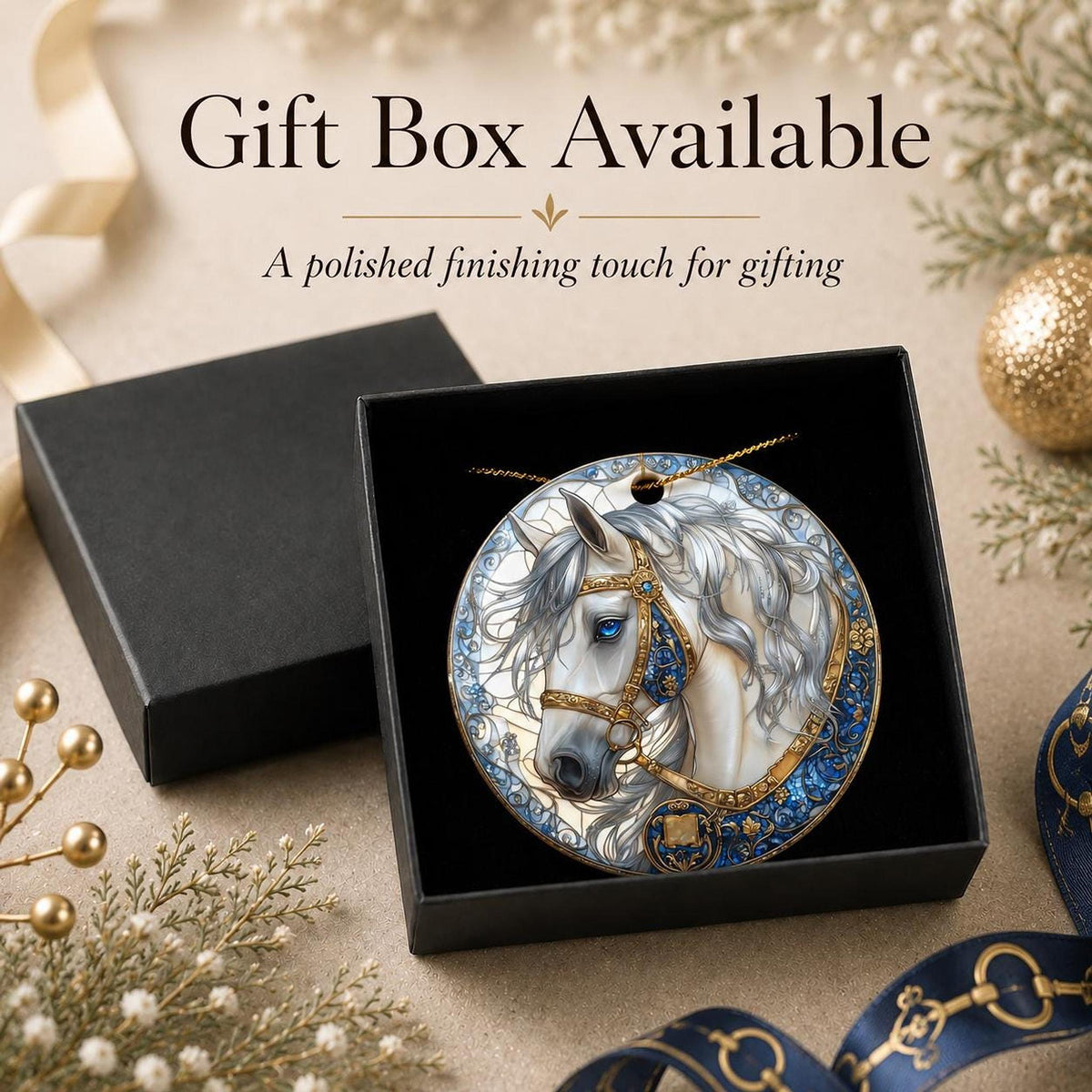Elegant White Horse Ornament, Ceramic Keepsake with Floral Design