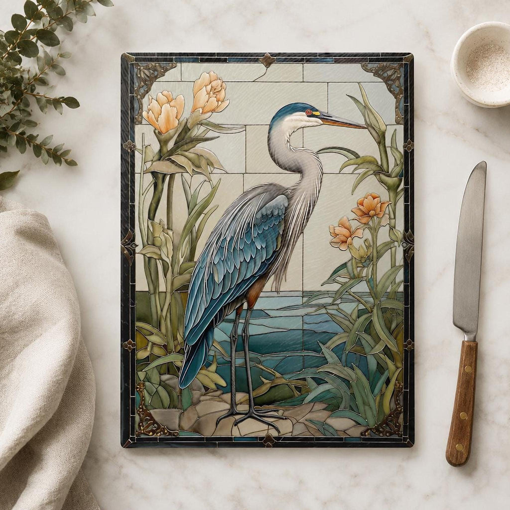 Blue Heron Gift Tempered Glass Cutting Board, Artful Wildlife Charcuterie Tray
