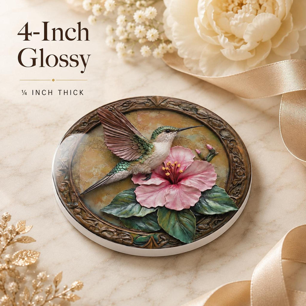 Hummingbird Ceramic Coaster with Pink Hibiscus Floral Design, Nature Lover Decor