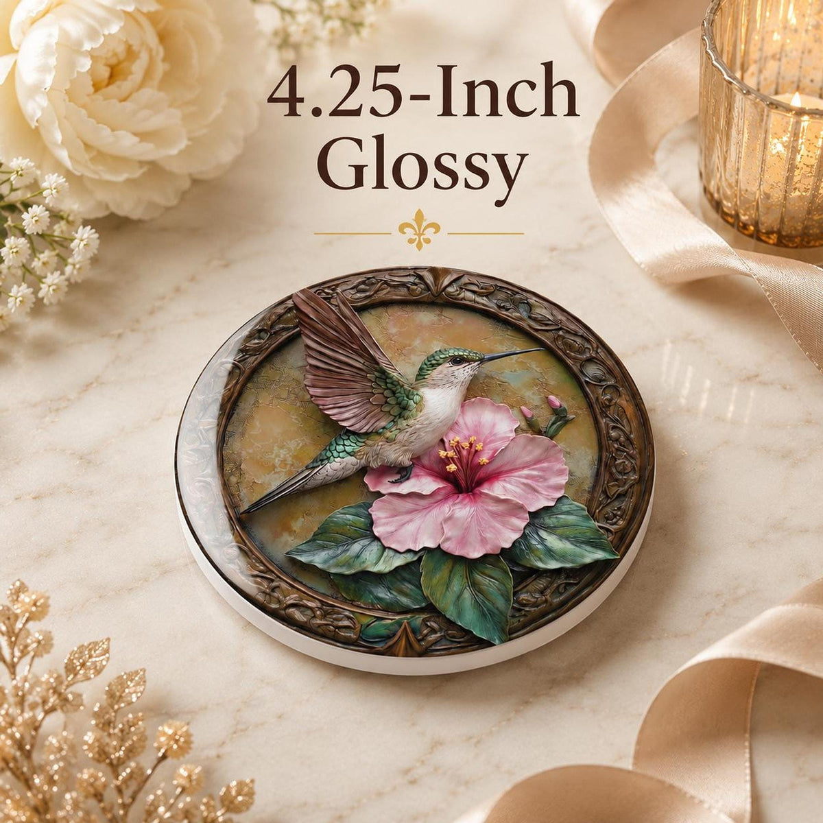 Hummingbird Ceramic Coaster with Pink Hibiscus Floral Design, Nature Lover Decor