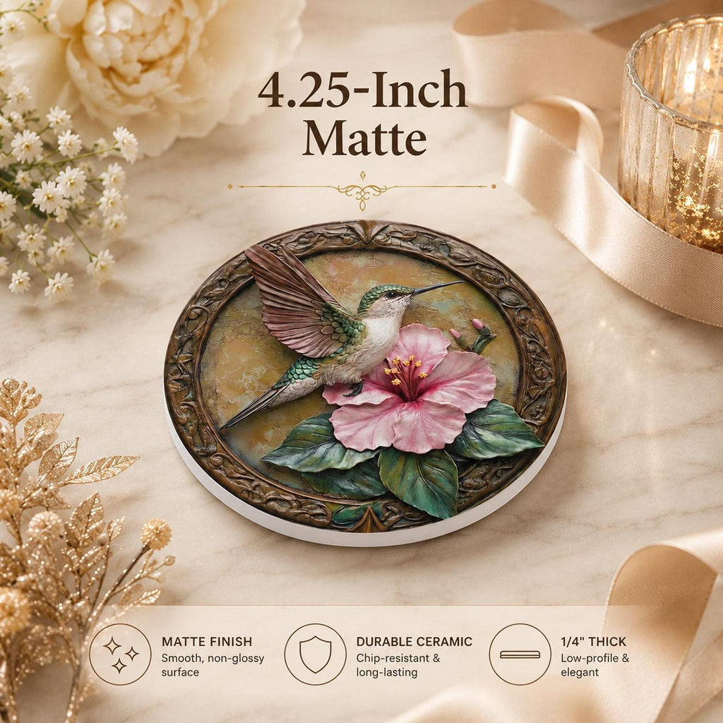 Hummingbird Ceramic Coaster with Pink Hibiscus Floral Design, Nature Lover Decor