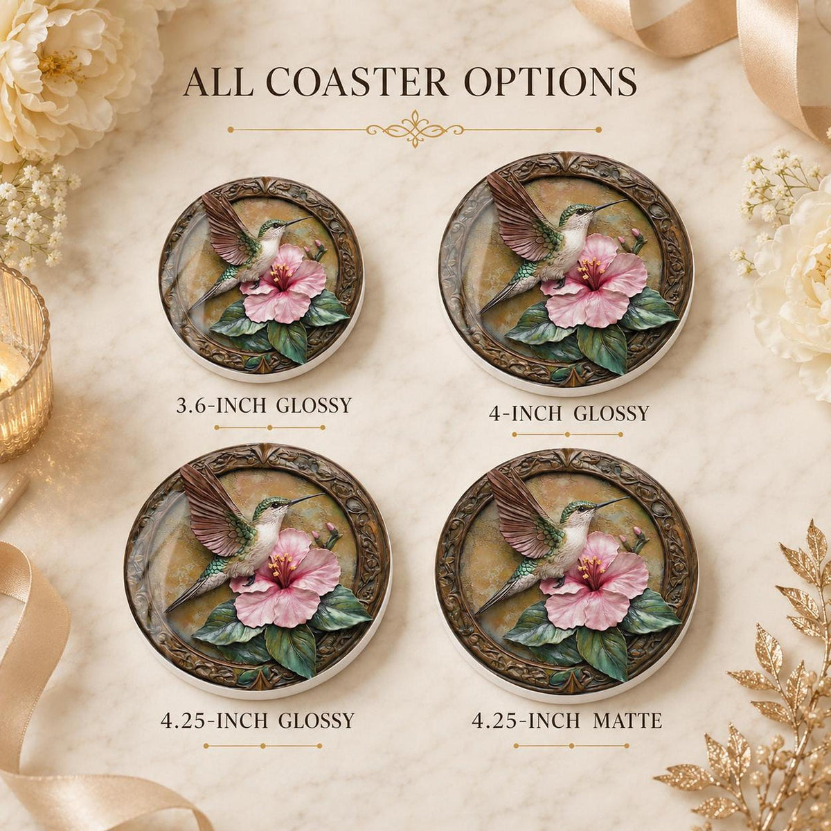 Hummingbird Ceramic Coaster with Pink Hibiscus Floral Design, Nature Lover Decor