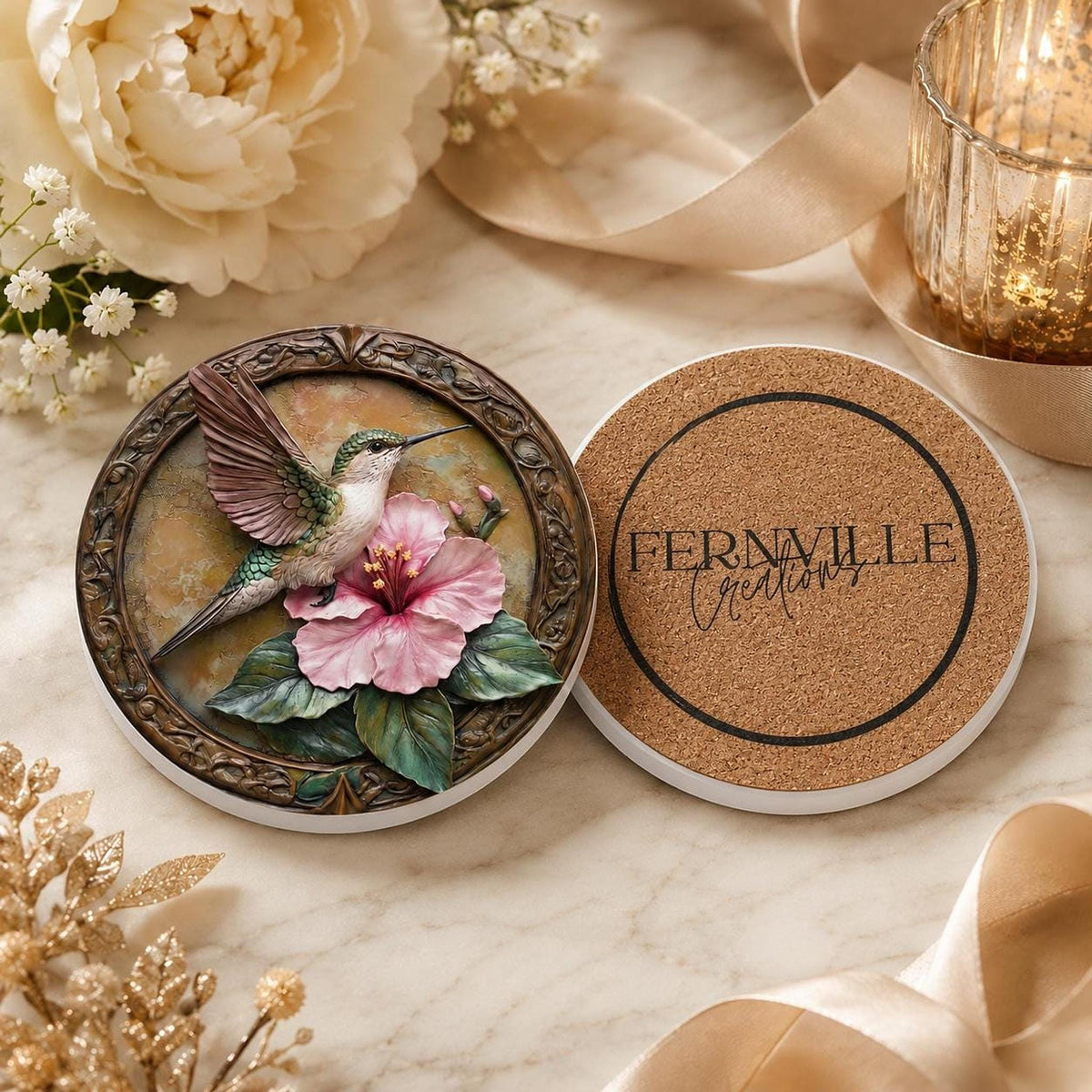 Hummingbird Ceramic Coaster with Pink Hibiscus Floral Design, Nature Lover Decor