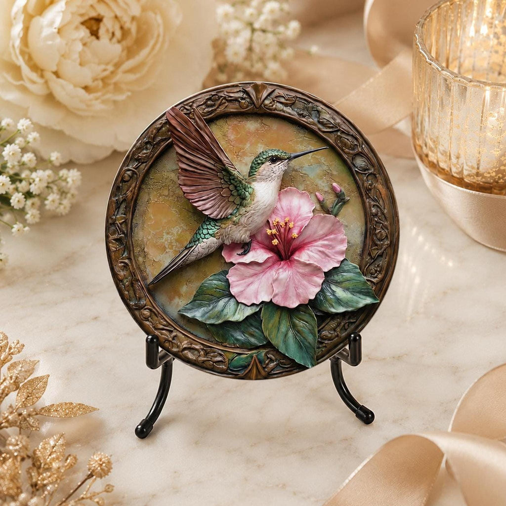 Hummingbird Ceramic Coaster with Pink Hibiscus Floral Design, Nature Lover Decor