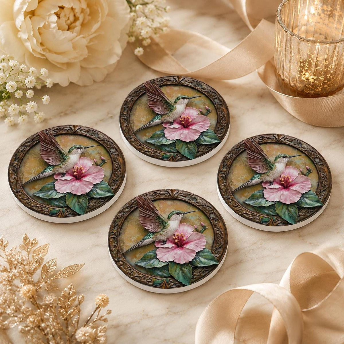 Hummingbird Ceramic Coaster with Pink Hibiscus Floral Design, Nature Lover Decor