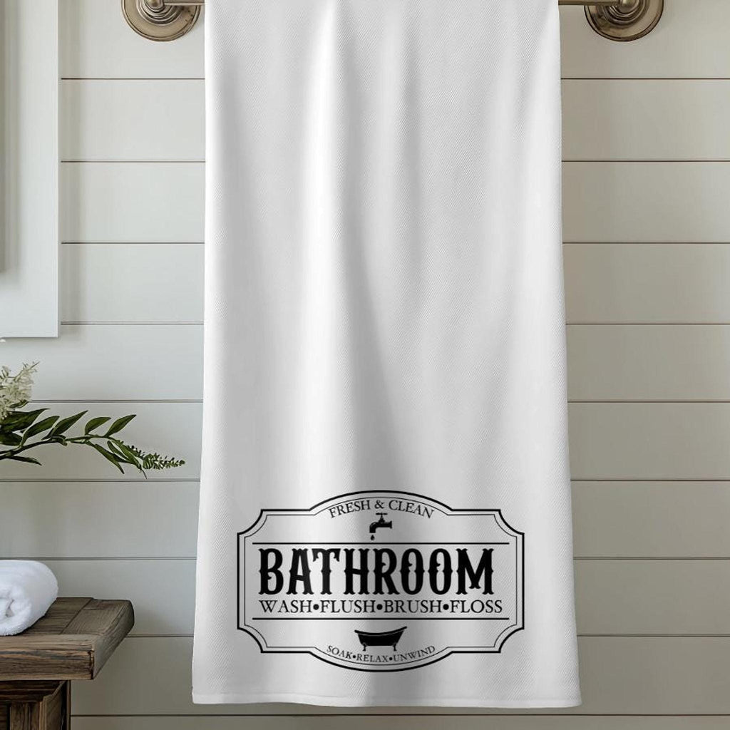 Vintage Bath Towel with Bathroom Typography, Black and White Design