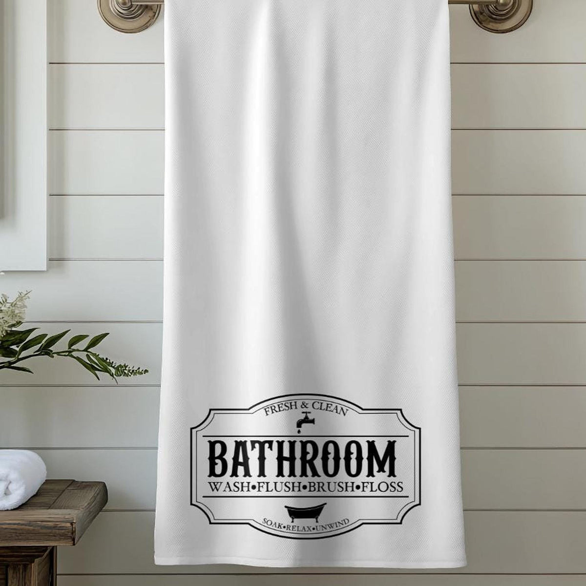 Vintage Bath Towel with Bathroom Typography, Black and White Design