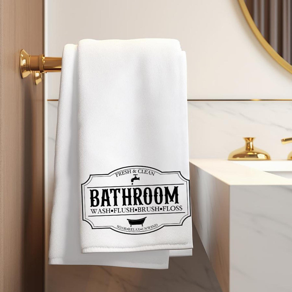 Vintage Bath Towel with Bathroom Typography, Black and White Design