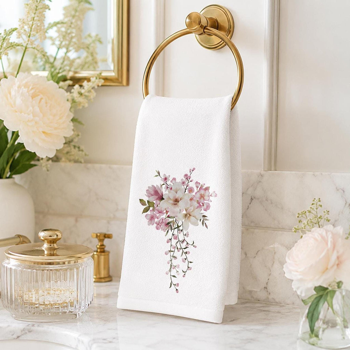 Pink Floral Towel, Elegant Fingertip for Powder Room Accent