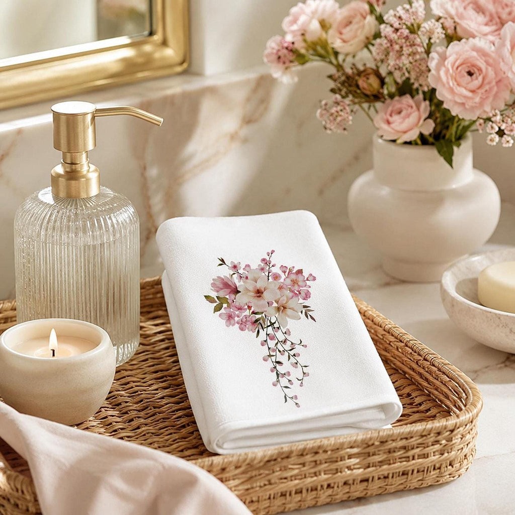 Pink Floral Towel, Elegant Fingertip for Powder Room Accent