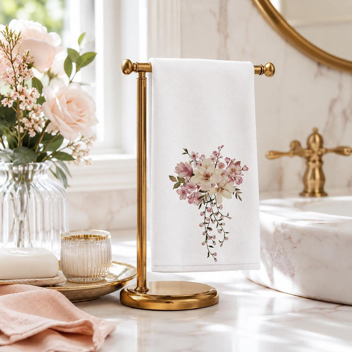 Pink Floral Towel, Elegant Fingertip for Powder Room Accent