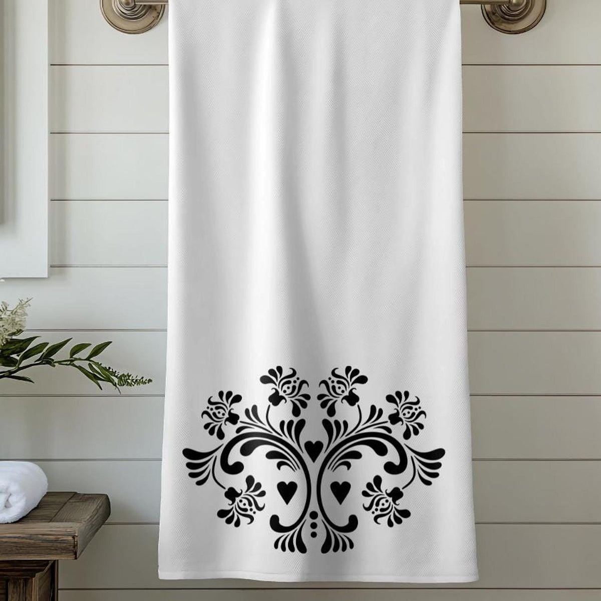Luxury Bath Towel in Black and White Floral Design for Spa Decor
