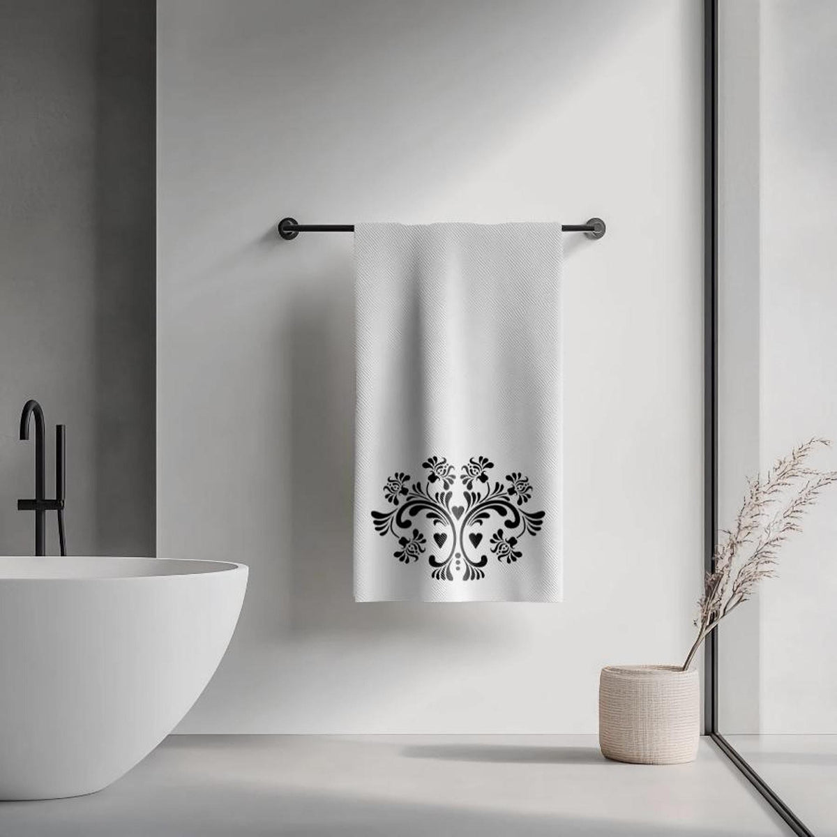 Luxury Bath Towel in Black and White Floral Design for Spa Decor