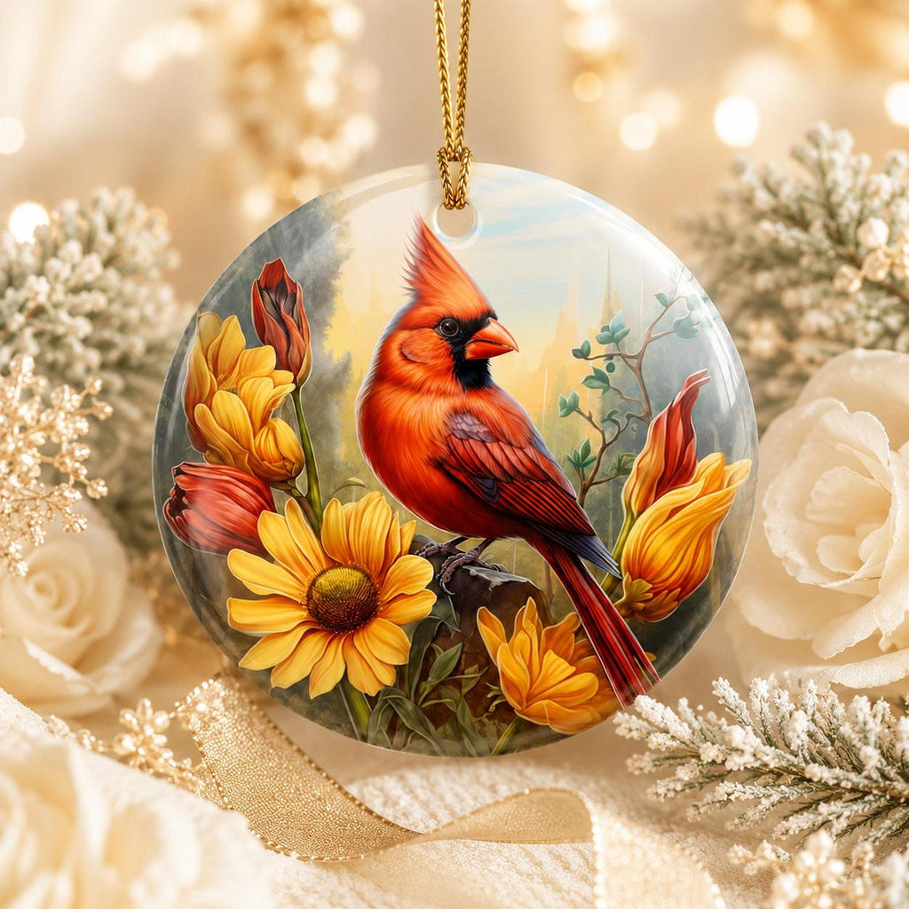Cardinal Ornament, Red Bird Ceramic Keepsake with Floral Design