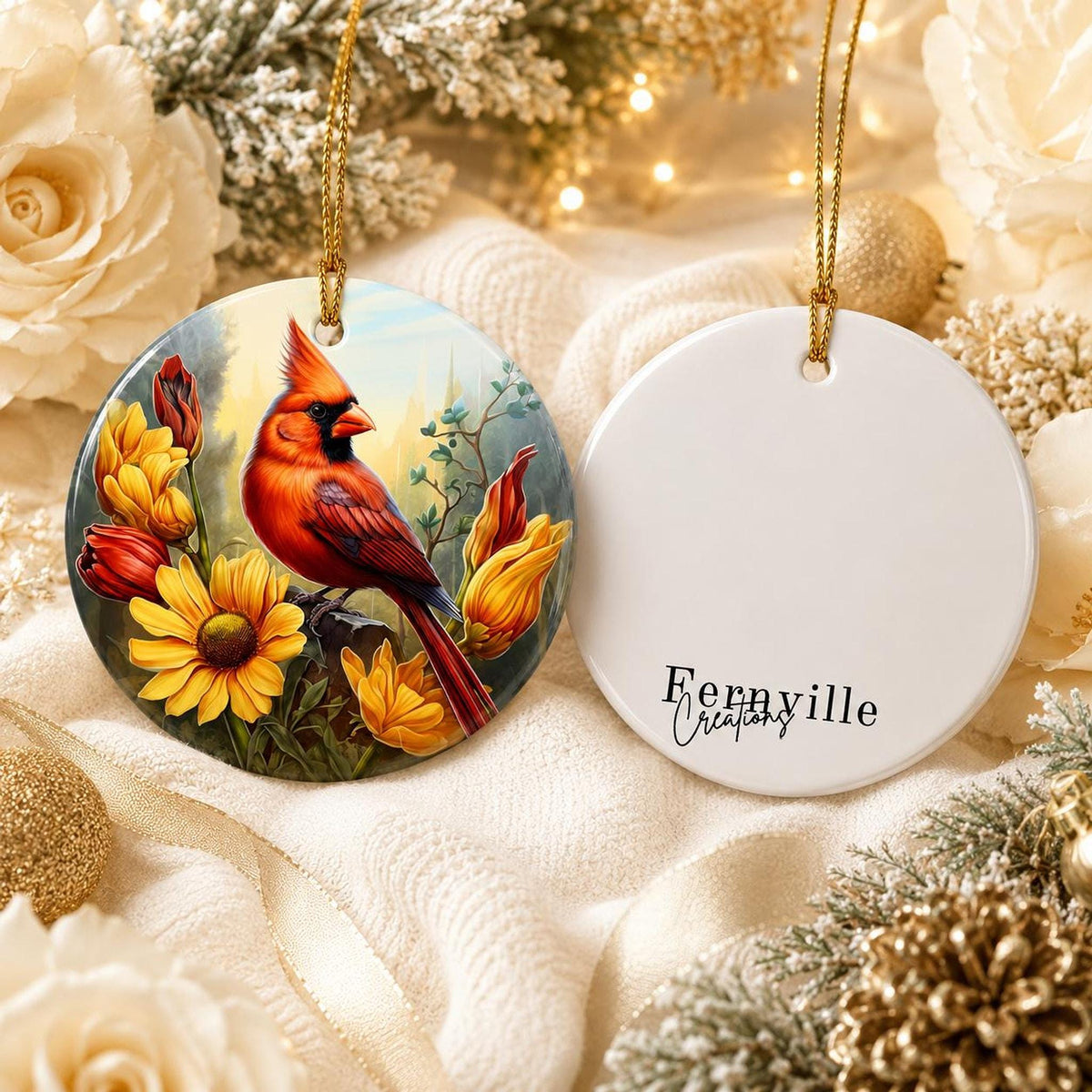 Cardinal Ornament, Red Bird Ceramic Keepsake with Floral Design