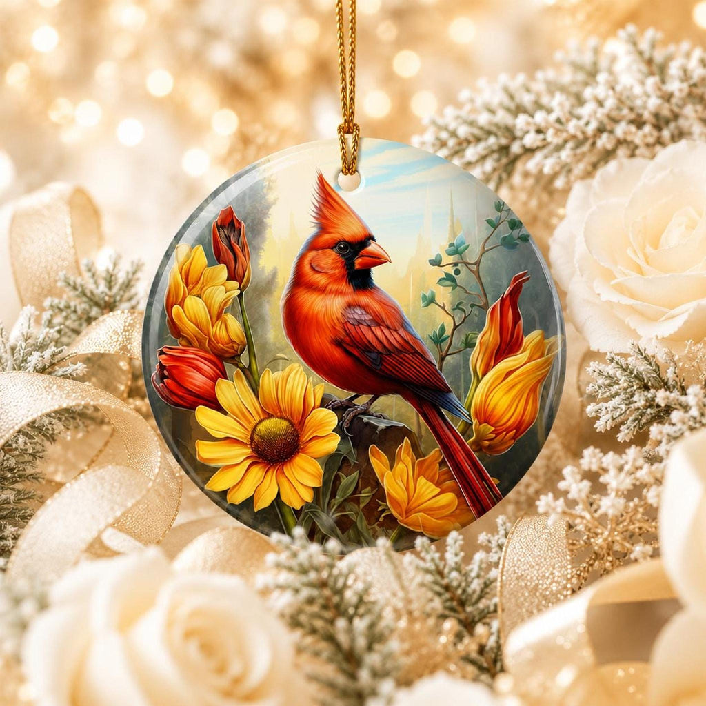 Cardinal Ornament, Red Bird Ceramic Keepsake with Floral Design
