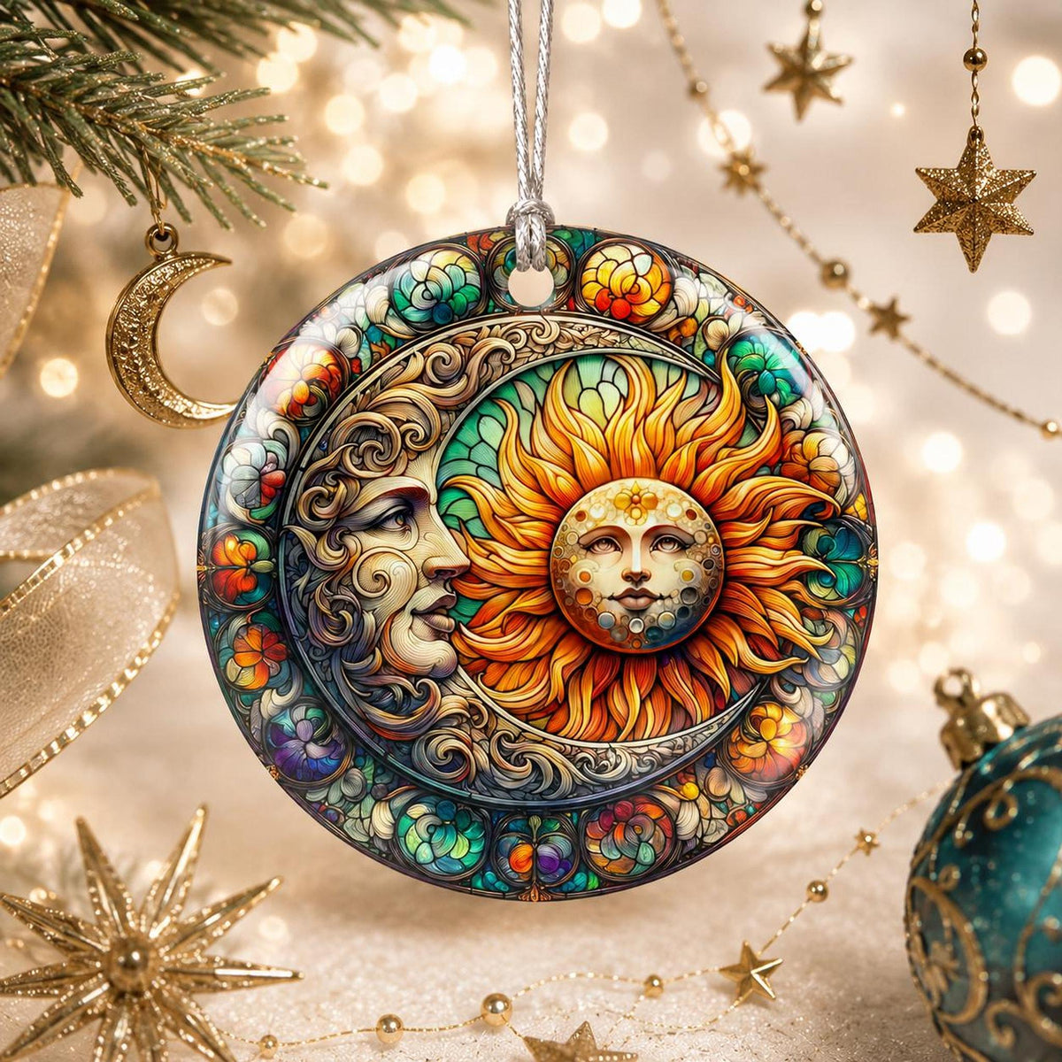 Sun Moon Ornament, Celestial Ceramic Keepsake with Colorful Floral Design