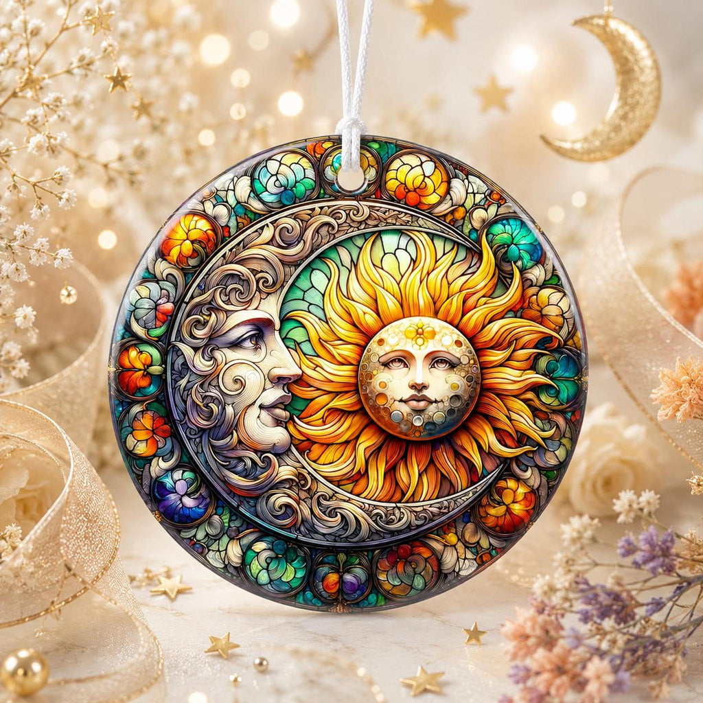 Sun Moon Ornament, Celestial Ceramic Keepsake with Colorful Floral Design