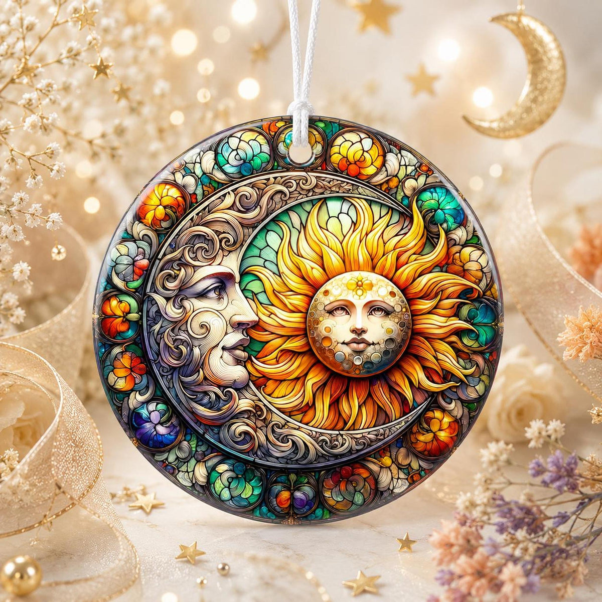 Sun Moon Ornament, Celestial Ceramic Keepsake with Colorful Floral Design