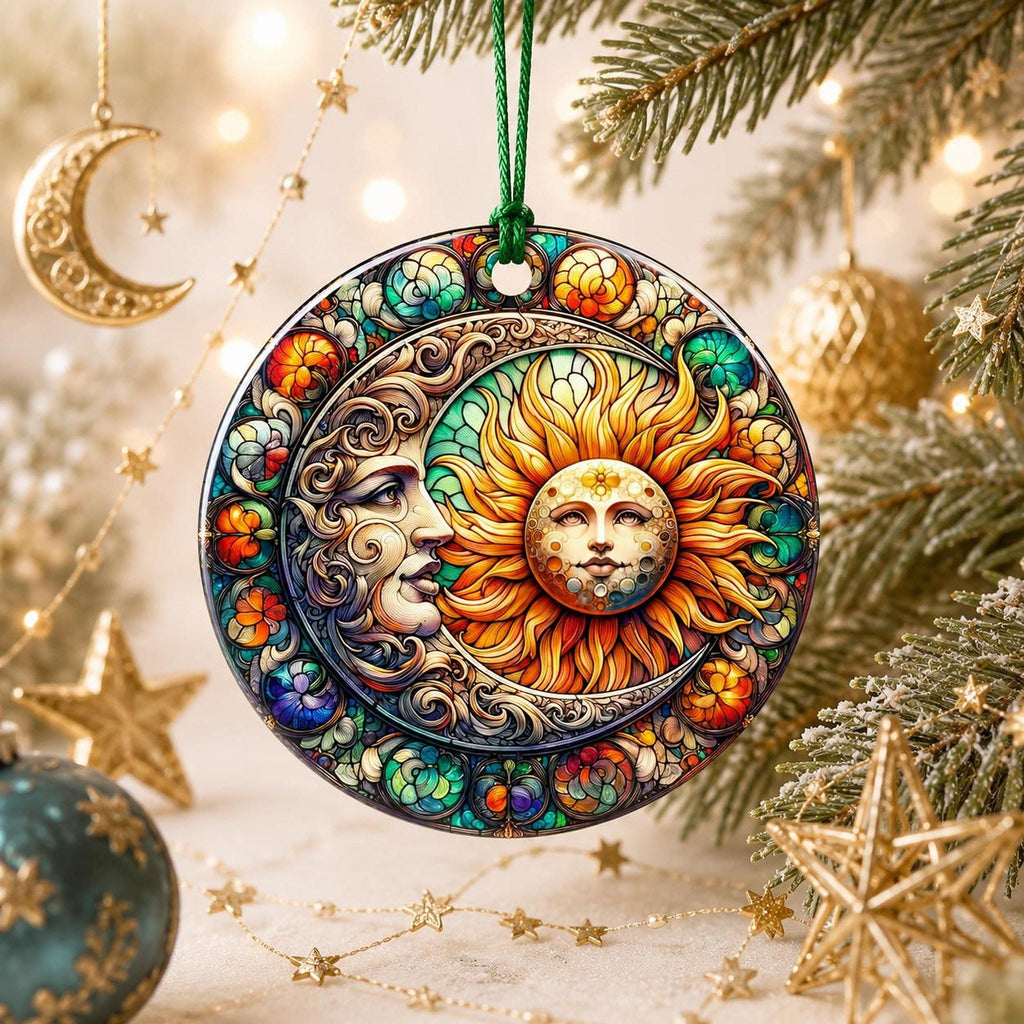 Sun Moon Ornament, Celestial Ceramic Keepsake with Colorful Floral Design