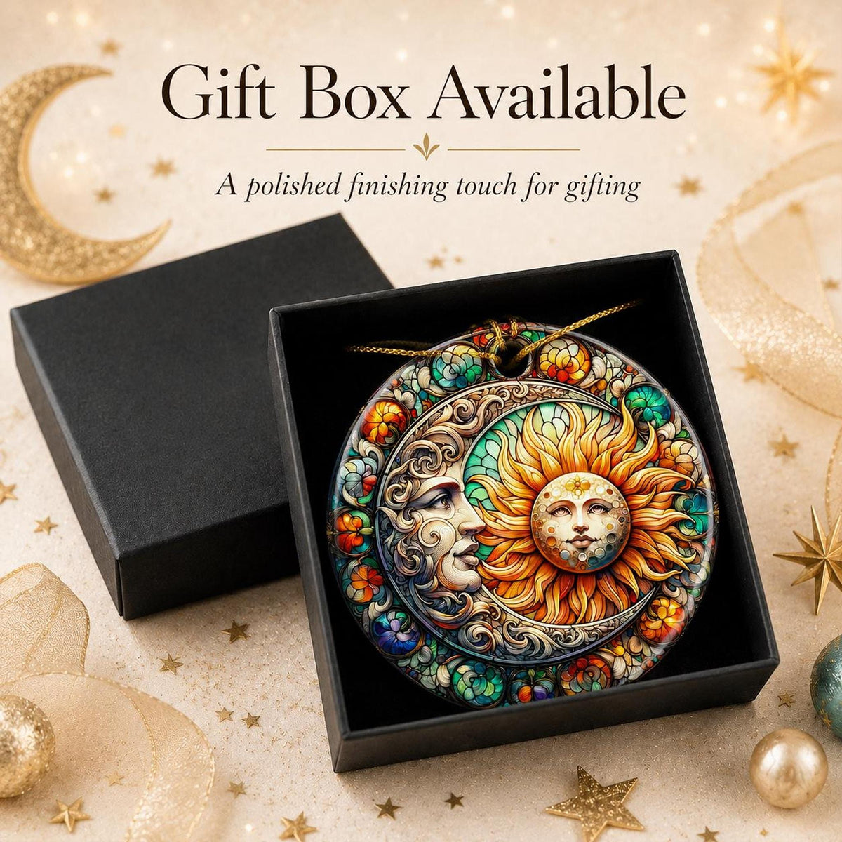Sun Moon Ornament, Celestial Ceramic Keepsake with Colorful Floral Design